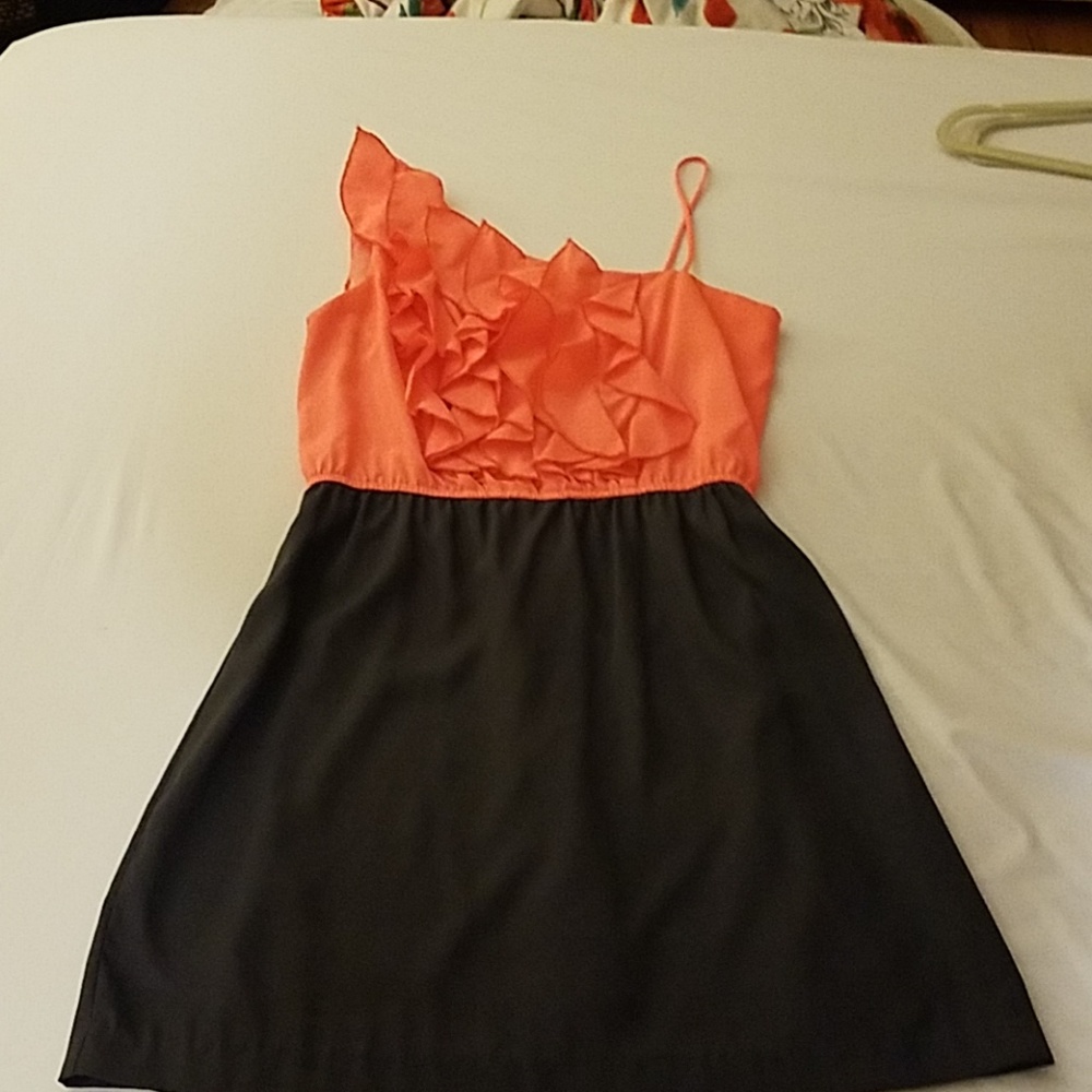 Coral and Grey One Shoulder Ruffle Dress